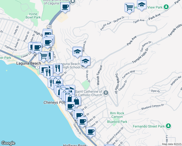 map of restaurants, bars, coffee shops, grocery stores, and more near 646 Griffith Way in Laguna Beach