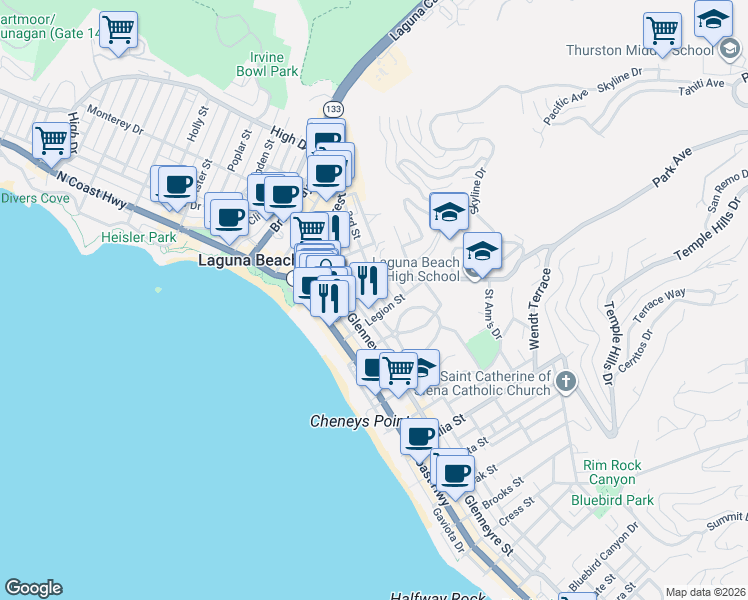 map of restaurants, bars, coffee shops, grocery stores, and more near 551 Through Street in Laguna Beach