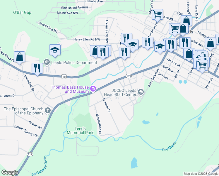 map of restaurants, bars, coffee shops, grocery stores, and more near 1069 Montevallo Road Southwest in Leeds