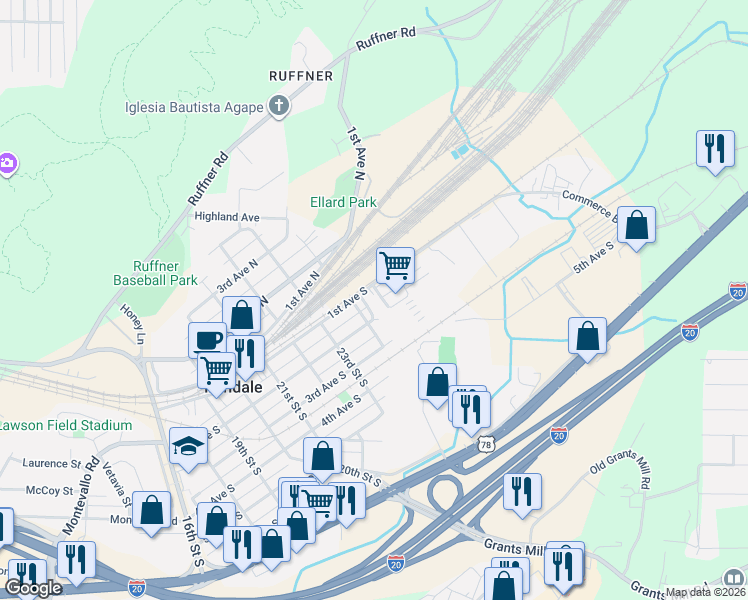 map of restaurants, bars, coffee shops, grocery stores, and more near 2400 1st Avenue South in Irondale