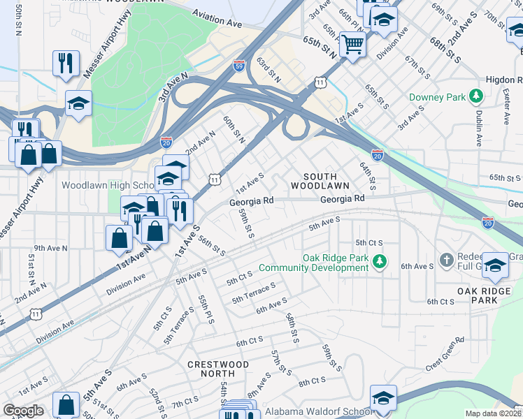 map of restaurants, bars, coffee shops, grocery stores, and more near 5925 Georgia Road in Birmingham