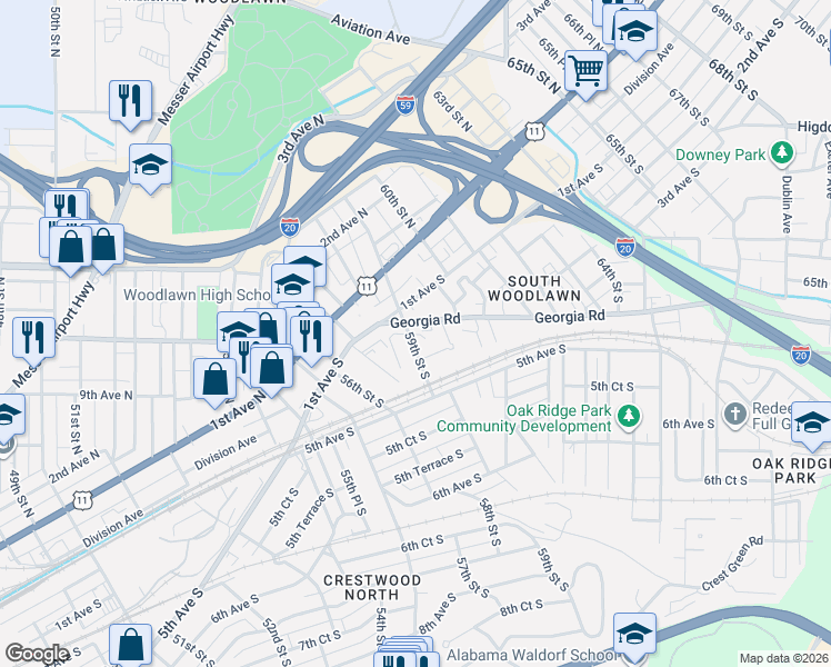 map of restaurants, bars, coffee shops, grocery stores, and more near 204 59th Street South in Birmingham
