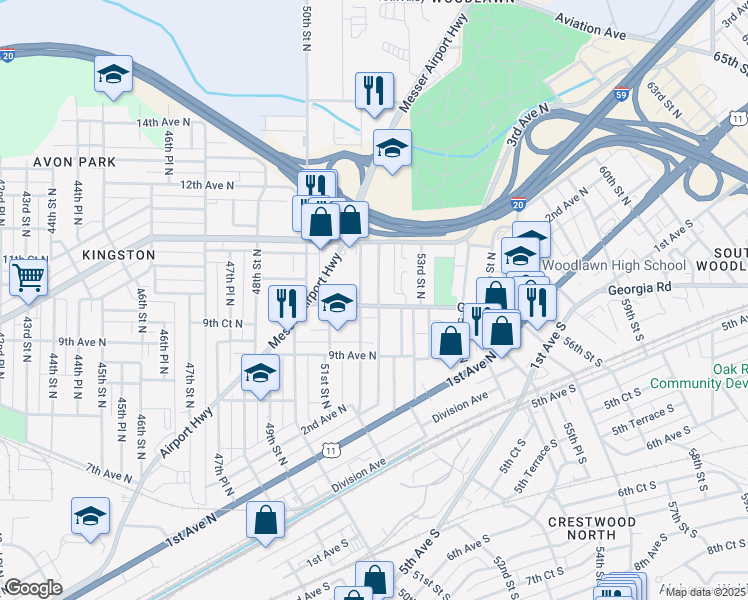 map of restaurants, bars, coffee shops, grocery stores, and more near 5208 Georgia Road in Birmingham