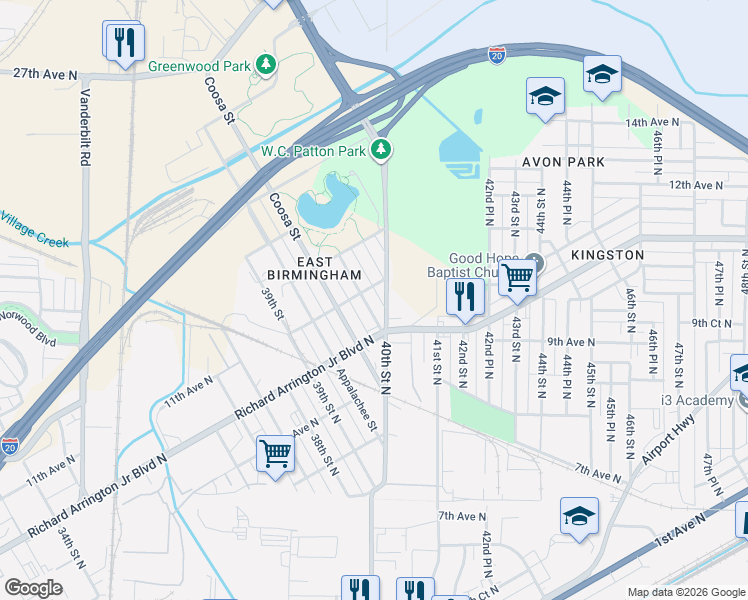 map of restaurants, bars, coffee shops, grocery stores, and more near 1021 Cahaba Street in Birmingham