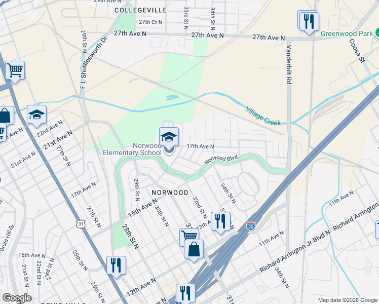 map of restaurants, bars, coffee shops, grocery stores, and more near 3311 16th Avenue North in Birmingham