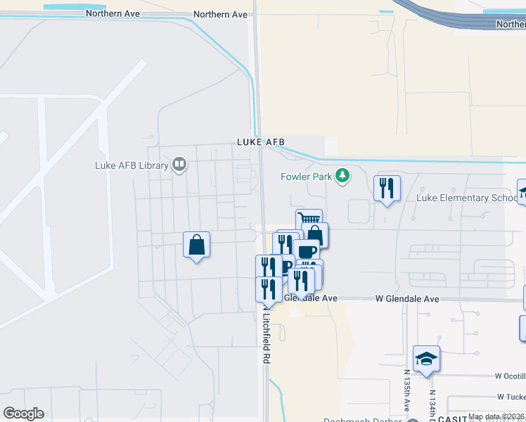 map of restaurants, bars, coffee shops, grocery stores, and more near 7309 North Litchfield Road in Glendale