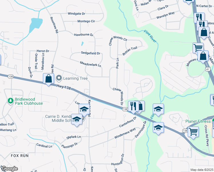 map of restaurants, bars, coffee shops, grocery stores, and more near 7811 Chase Woods Drive in Jonesboro