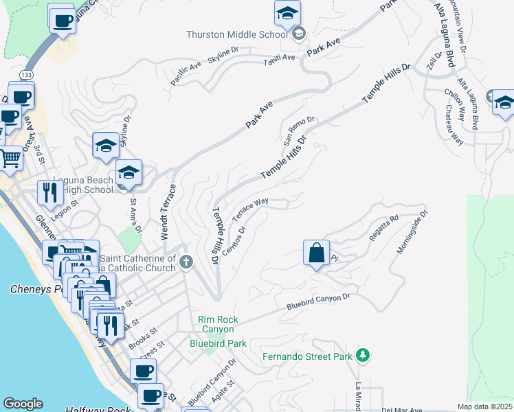 map of restaurants, bars, coffee shops, grocery stores, and more near 1385 Terrace Way in Laguna Beach