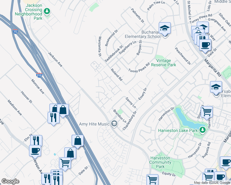 map of restaurants, bars, coffee shops, grocery stores, and more near 26520 Arboretum Way in Murrieta