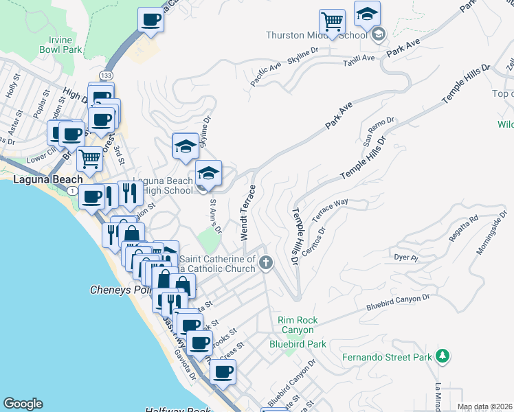 map of restaurants, bars, coffee shops, grocery stores, and more near 680 Temple Hills Drive in Laguna Beach