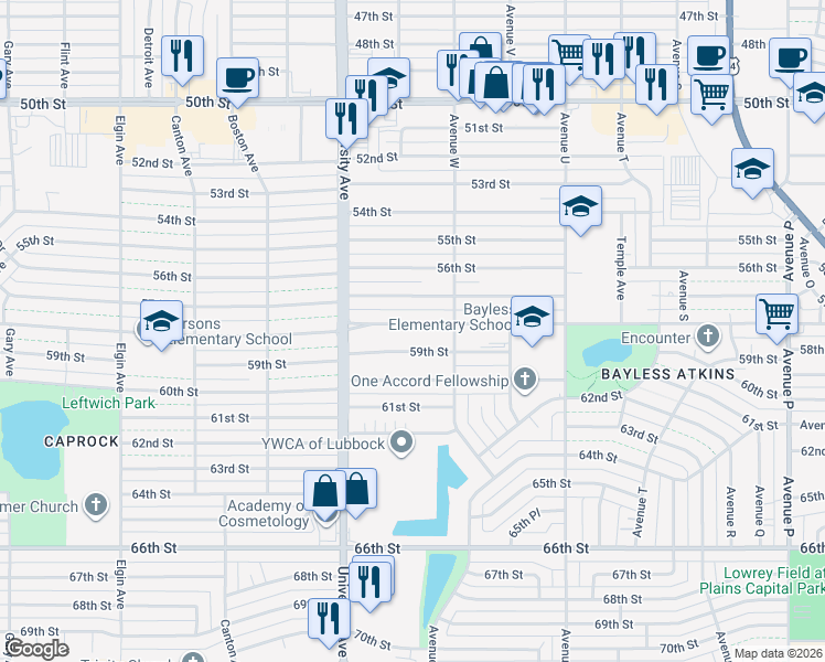 map of restaurants, bars, coffee shops, grocery stores, and more near 2311 58th Street in Lubbock