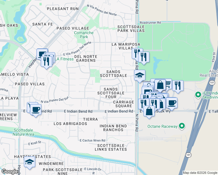 map of restaurants, bars, coffee shops, grocery stores, and more near 8571 East Vía De Encanto in Scottsdale