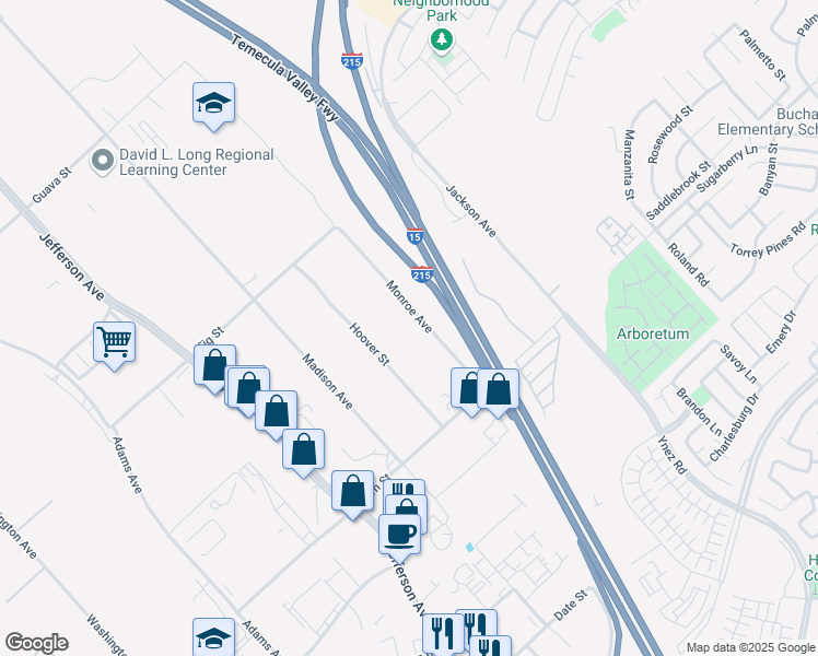 map of restaurants, bars, coffee shops, grocery stores, and more near Monroe Avenue in Murrieta
