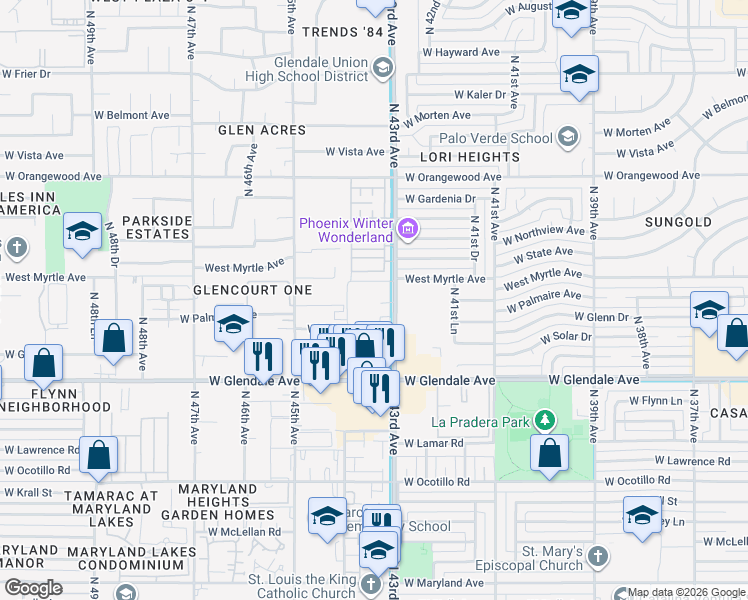 map of restaurants, bars, coffee shops, grocery stores, and more near 7102 North 43rd Avenue in Glendale