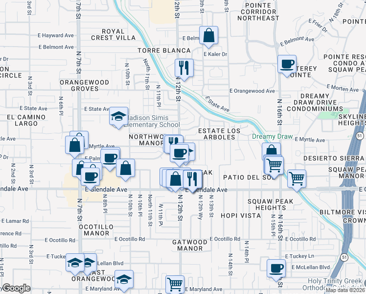 map of restaurants, bars, coffee shops, grocery stores, and more near 1202 East Palmaire Avenue in Phoenix