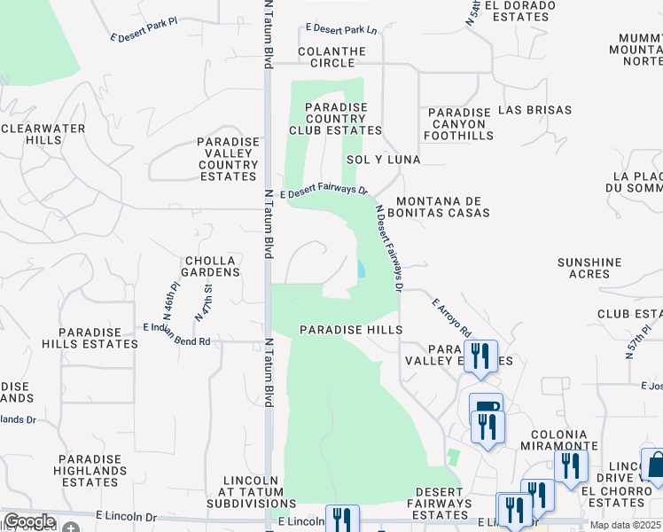 map of restaurants, bars, coffee shops, grocery stores, and more near 5045 East Cottontail Run Road in Paradise Valley