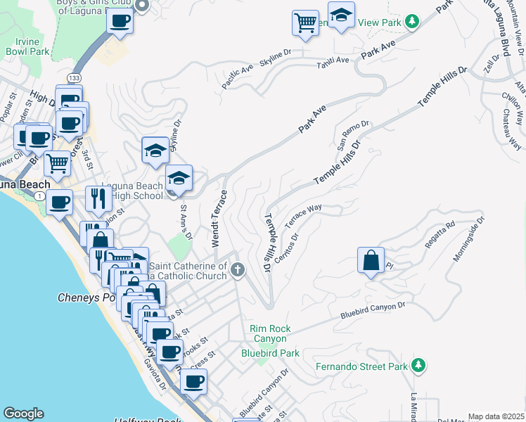 map of restaurants, bars, coffee shops, grocery stores, and more near 1585 Temple Hills Drive in Laguna Beach
