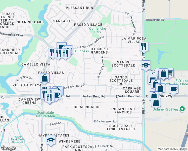 map of restaurants, bars, coffee shops, grocery stores, and more near 8405 East Vía De Encanto in Scottsdale