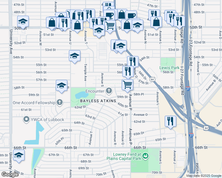 map of restaurants, bars, coffee shops, grocery stores, and more near 2005 58th Street in Lubbock