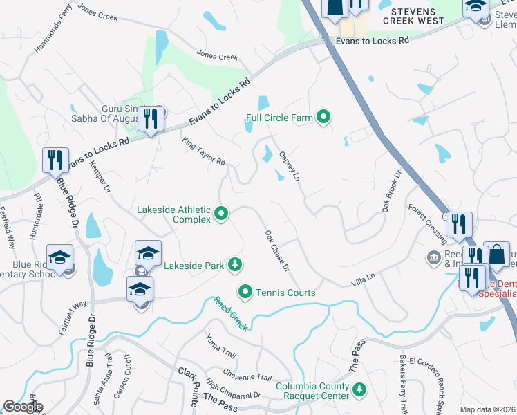 map of restaurants, bars, coffee shops, grocery stores, and more near 555 Oak Chase Drive in Martinez
