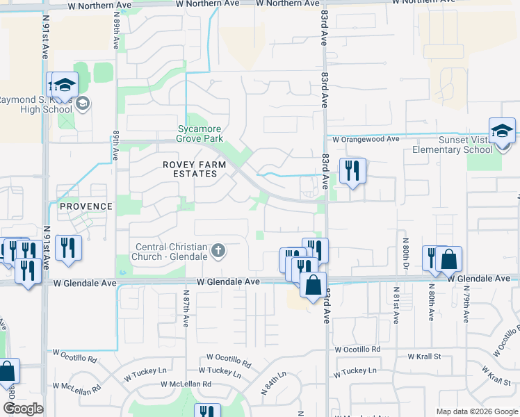 map of restaurants, bars, coffee shops, grocery stores, and more near 7226 North 84th Drive in Glendale