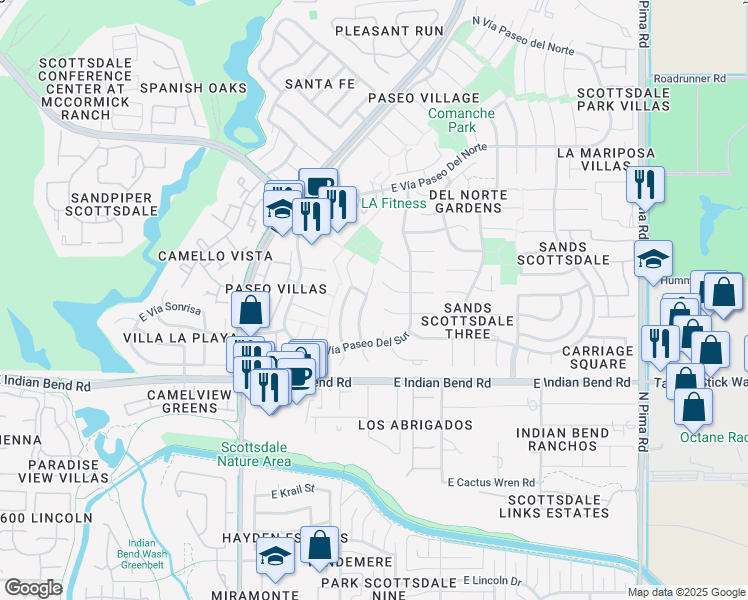 map of restaurants, bars, coffee shops, grocery stores, and more near 7141 North Vía De Alegria in Scottsdale