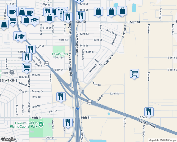 map of restaurants, bars, coffee shops, grocery stores, and more near 5626 Avenue B in Lubbock