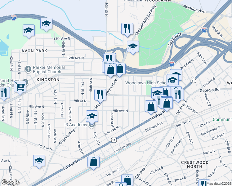 map of restaurants, bars, coffee shops, grocery stores, and more near 5104 Georgia Road in Birmingham