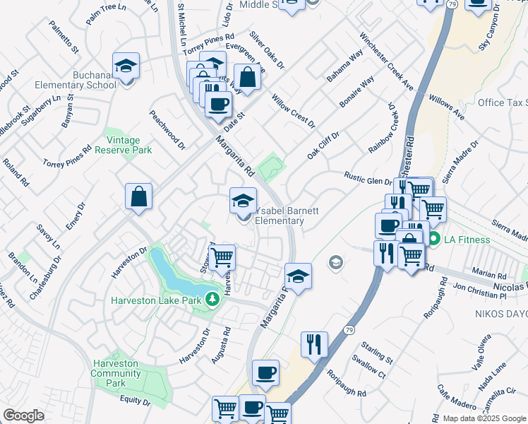 map of restaurants, bars, coffee shops, grocery stores, and more near 29255 Providence Road in Temecula