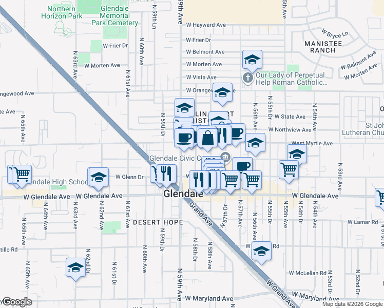 map of restaurants, bars, coffee shops, grocery stores, and more near 7142 North 58th Drive in Glendale