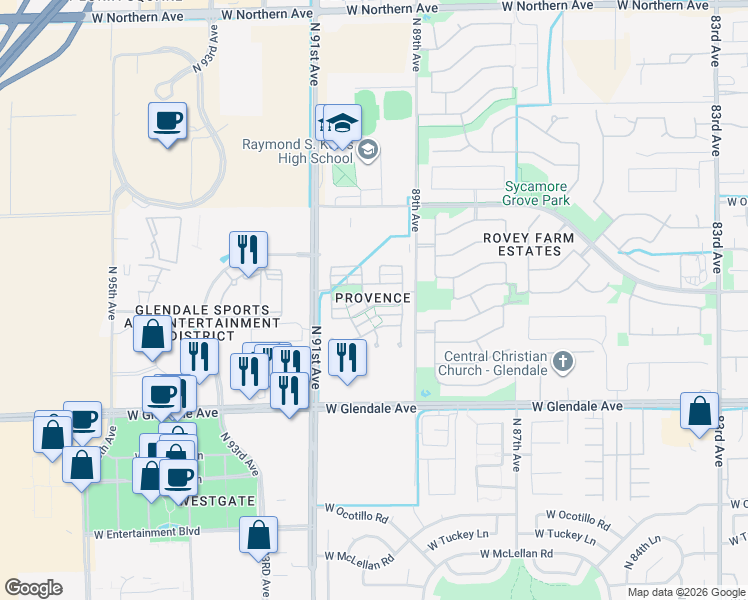 map of restaurants, bars, coffee shops, grocery stores, and more near 8988 West Nicolet Avenue in Glendale