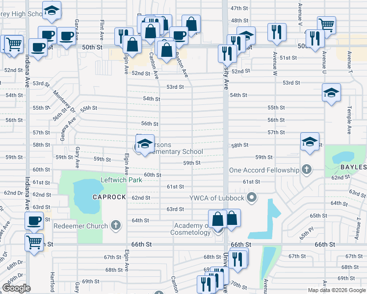 map of restaurants, bars, coffee shops, grocery stores, and more near 2706 58th Street in Lubbock