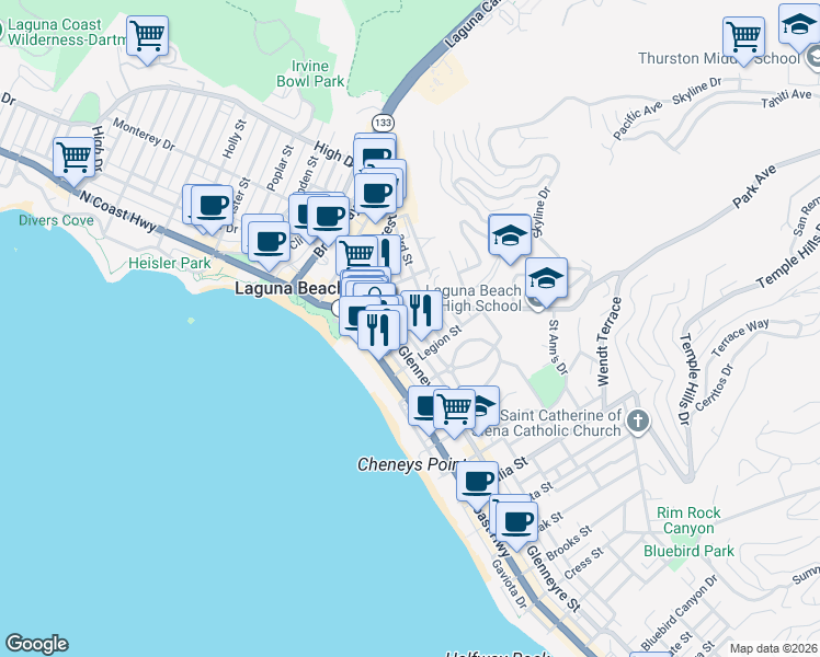 map of restaurants, bars, coffee shops, grocery stores, and more near 551 Through Street in Laguna Beach