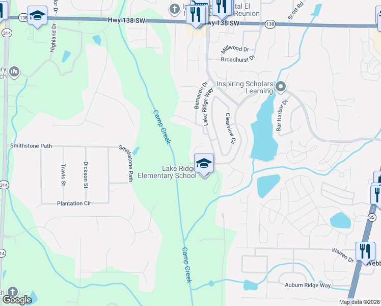 map of restaurants, bars, coffee shops, grocery stores, and more near 1326 Crestridge Ln in Riverdale