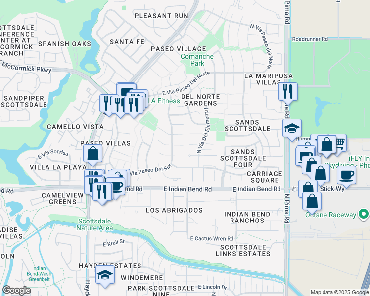 map of restaurants, bars, coffee shops, grocery stores, and more near 8405 East Vía De Encanto in Scottsdale