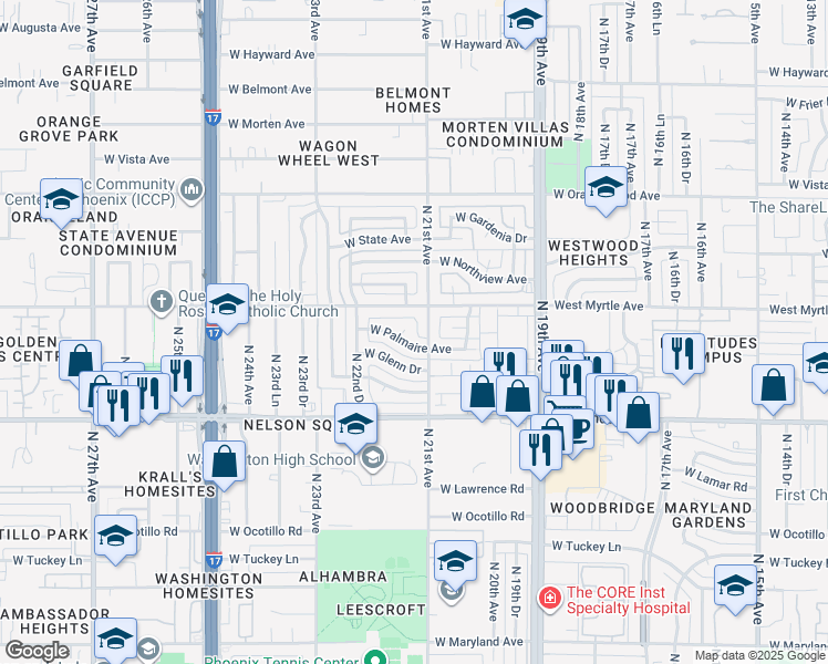 map of restaurants, bars, coffee shops, grocery stores, and more near 7126 North 21st Avenue in Phoenix