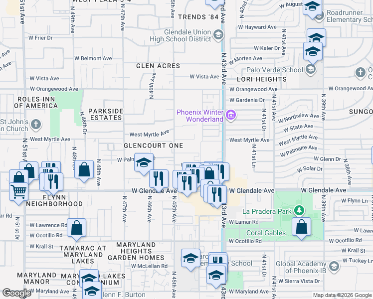 map of restaurants, bars, coffee shops, grocery stores, and more near 7127 North 45th Avenue in Glendale