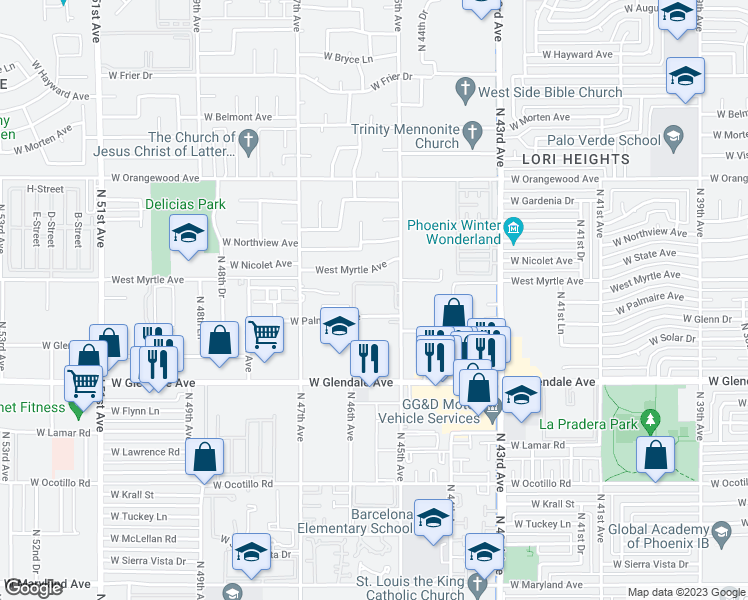 map of restaurants, bars, coffee shops, grocery stores, and more near 7138 North 45th Avenue in Glendale