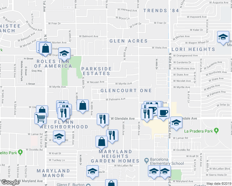 map of restaurants, bars, coffee shops, grocery stores, and more near 4637 West Midway Avenue in Glendale