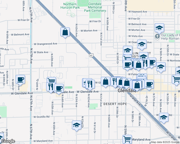map of restaurants, bars, coffee shops, grocery stores, and more near 7153 North 62nd Avenue in Glendale