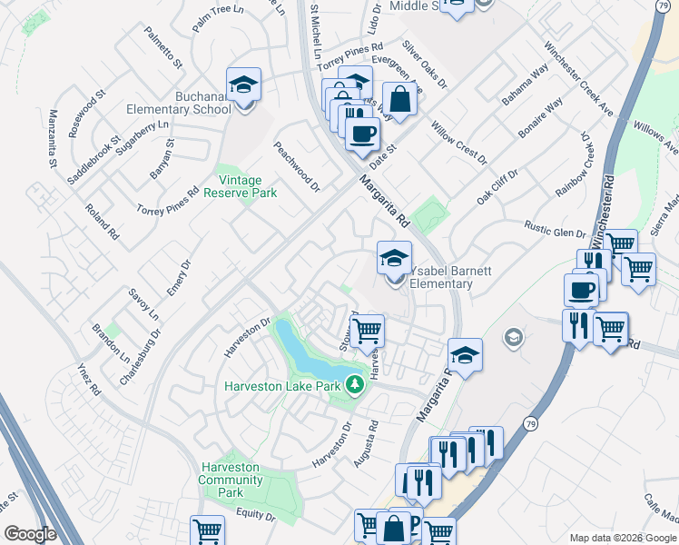 map of restaurants, bars, coffee shops, grocery stores, and more near 28927 Davenport Road in Temecula