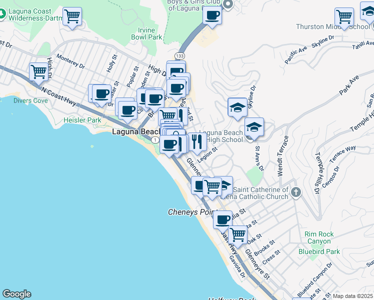 map of restaurants, bars, coffee shops, grocery stores, and more near 450 Glenneyre Street in Laguna Beach
