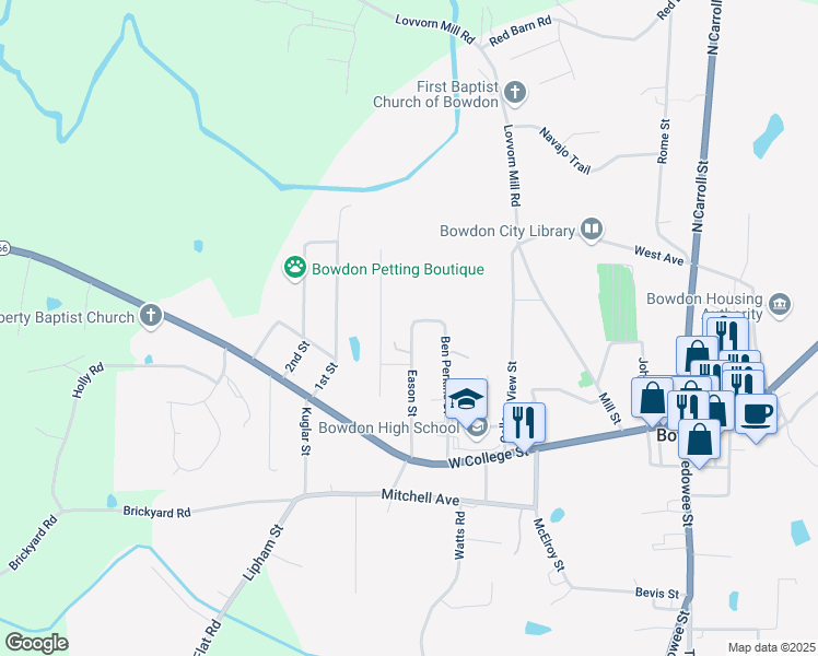 map of restaurants, bars, coffee shops, grocery stores, and more near 267 Eason Street in Bowdon