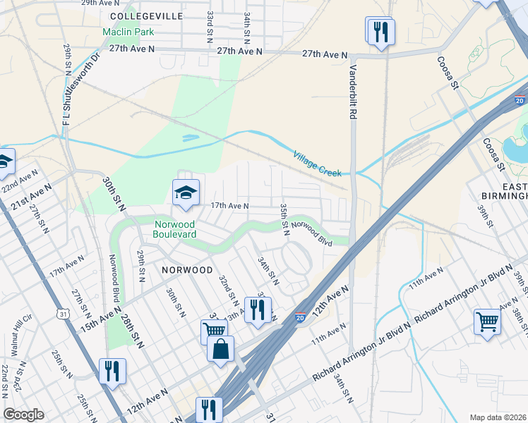 map of restaurants, bars, coffee shops, grocery stores, and more near 3409 17th Avenue North in Birmingham