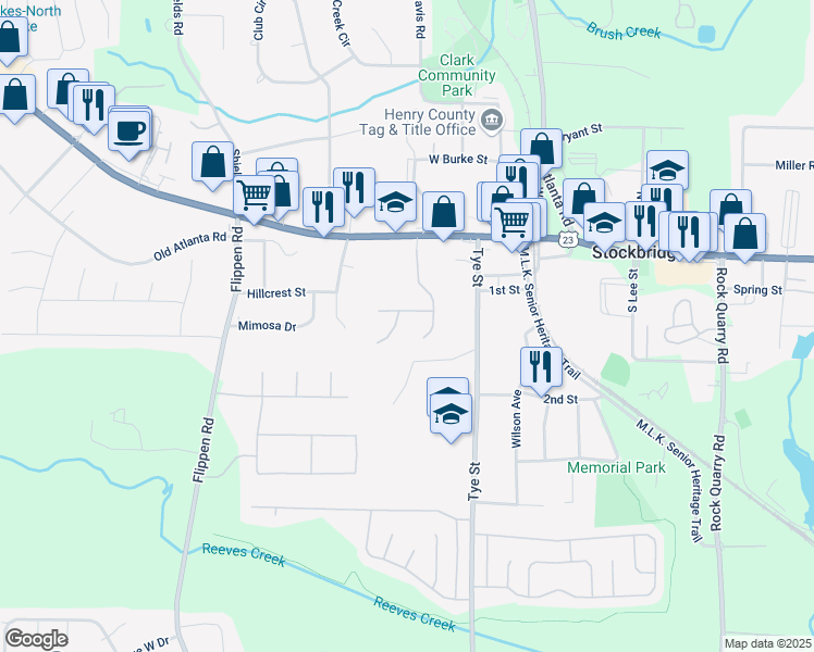 map of restaurants, bars, coffee shops, grocery stores, and more near 705 Yukon Way in Stockbridge