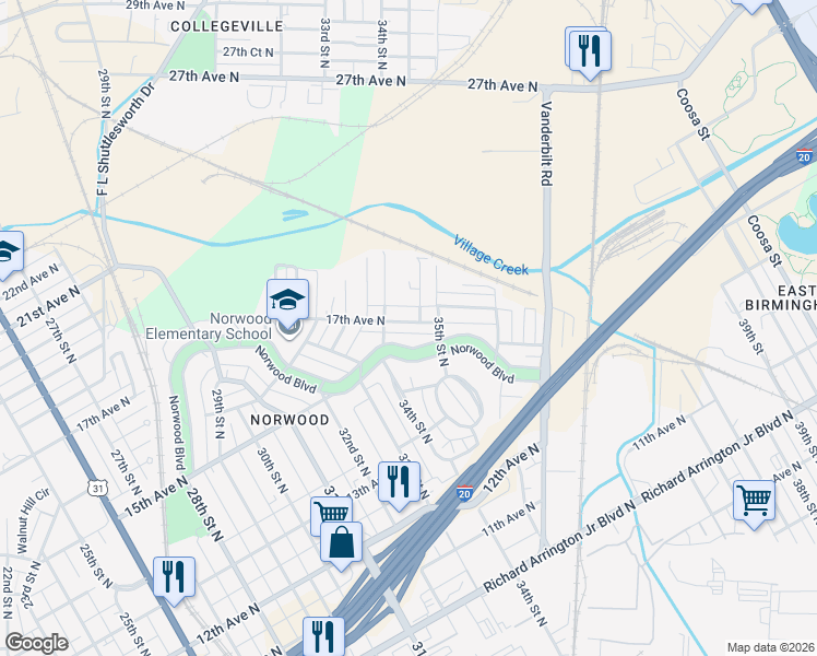 map of restaurants, bars, coffee shops, grocery stores, and more near 3409 17th Avenue North in Birmingham