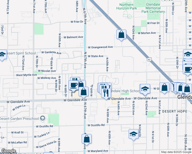 map of restaurants, bars, coffee shops, grocery stores, and more near 7143 North 66th Drive in Glendale