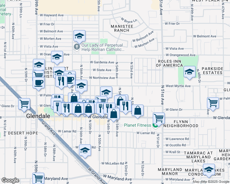 map of restaurants, bars, coffee shops, grocery stores, and more near 5422 West Palmaire Avenue in Glendale