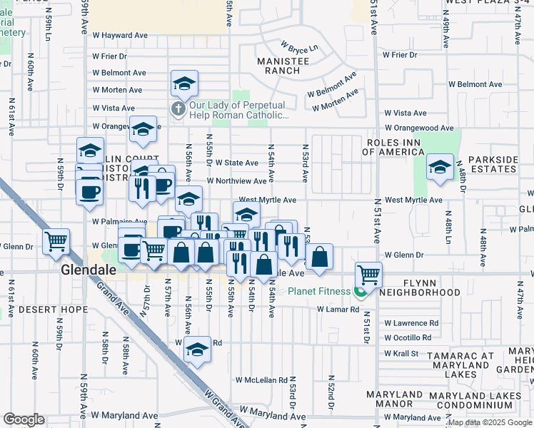 map of restaurants, bars, coffee shops, grocery stores, and more near 5422 West Palmaire Avenue in Glendale