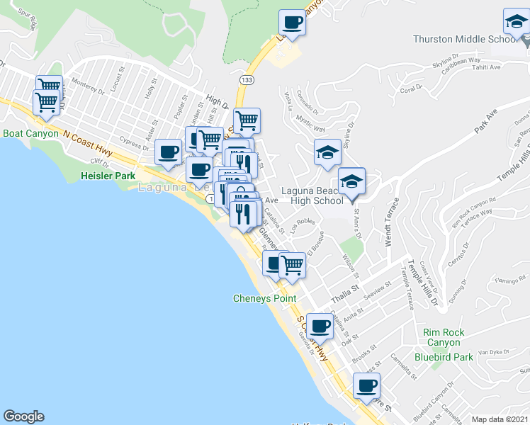 map of restaurants, bars, coffee shops, grocery stores, and more near 539 Catalina Street in Laguna Beach